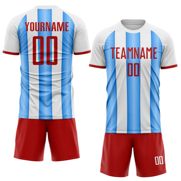 Custom White Red-Powder Blue Gradient Vertical Stripe Argentina Style Sublimation Soccer Uniform Jersey
