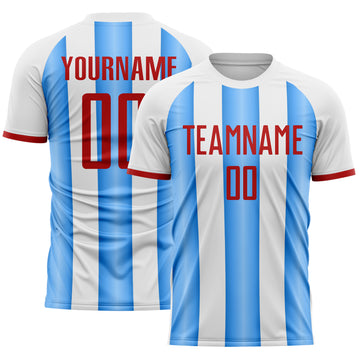 Custom White Red-Powder Blue Gradient Vertical Stripe Argentina Style Sublimation Soccer Uniform Jersey