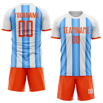 Custom White Orange-Powder Blue Gradient Vertical Stripe Argentina Style Sublimation Soccer Uniform Jersey