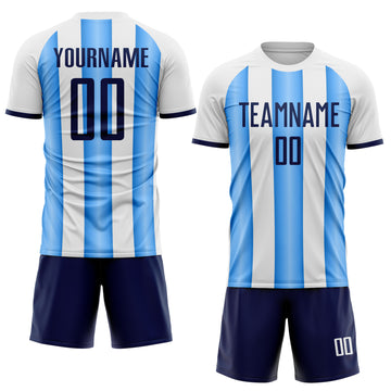 Custom White Navy-Powder Blue Gradient Vertical Stripe Argentina Style Sublimation Soccer Uniform Jersey
