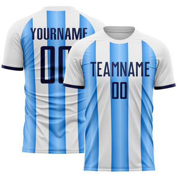 Custom White Navy-Powder Blue Gradient Vertical Stripe Argentina Style Sublimation Soccer Uniform Jersey