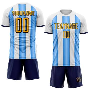 Custom White Gold Powder Blue-Navy Gradient Vertical Stripe Argentina Style Sublimation Soccer Uniform Jersey