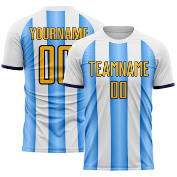 Custom White Gold Powder Blue-Navy Gradient Vertical Stripe Argentina Style Sublimation Soccer Uniform Jersey
