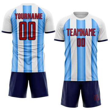 Custom White Red Powder Blue-Navy Gradient Vertical Stripe Argentina Style Sublimation Soccer Uniform Jersey