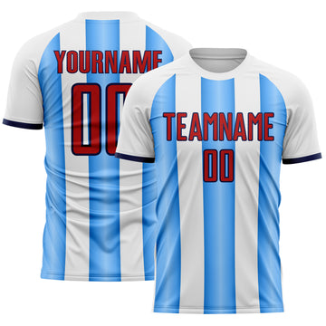 Custom White Red Powder Blue-Navy Gradient Vertical Stripe Argentina Style Sublimation Soccer Uniform Jersey