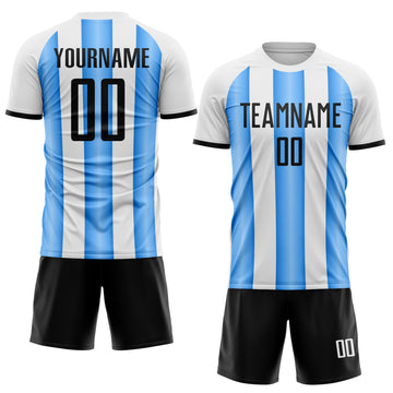 Custom White Black-Powder Blue Gradient Vertical Stripe Argentina Style Sublimation Soccer Uniform Jersey