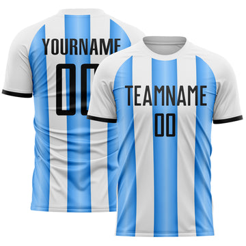 Custom White Black-Powder Blue Gradient Vertical Stripe Argentina Style Sublimation Soccer Uniform Jersey
