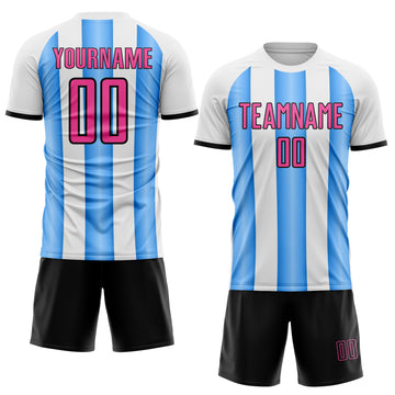 Custom White Pink Powder Blue-Black Gradient Vertical Stripe Argentina Style Sublimation Soccer Uniform Jersey