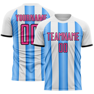 Custom White Pink Powder Blue-Black Gradient Vertical Stripe Argentina Style Sublimation Soccer Uniform Jersey