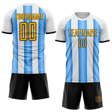 Custom White Gold Powder Blue-Black Gradient Vertical Stripe Argentina Style Sublimation Soccer Uniform Jersey