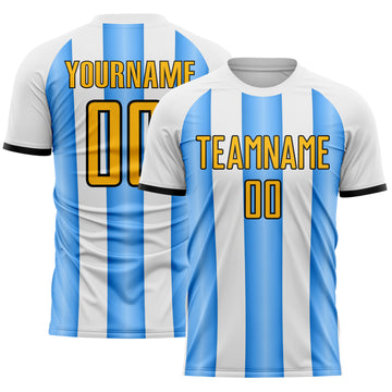 Custom White Gold Powder Blue-Black Gradient Vertical Stripe Argentina Style Sublimation Soccer Uniform Jersey