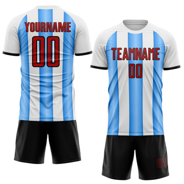 Custom White Red Powder Blue-Black Gradient Vertical Stripe Argentina Style Sublimation Soccer Uniform Jersey