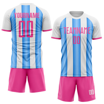 Custom White Pink-Powder Blue Gradient Vertical Stripe Argentina Style Sublimation Soccer Uniform Jersey