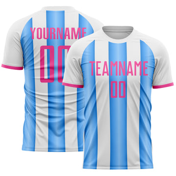 Custom White Pink-Powder Blue Gradient Vertical Stripe Argentina Style Sublimation Soccer Uniform Jersey