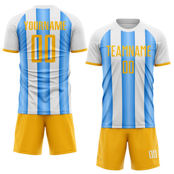 Custom White Gold-Powder Blue Gradient Vertical Stripe Argentina Style Sublimation Soccer Uniform Jersey