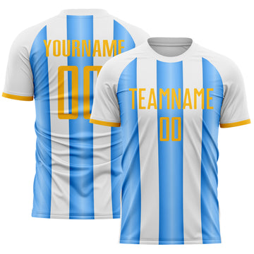 Custom White Gold-Powder Blue Gradient Vertical Stripe Argentina Style Sublimation Soccer Uniform Jersey