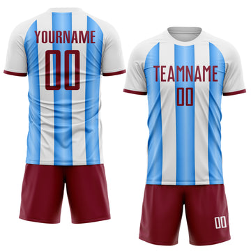 Custom White Crimson-Powder Blue Gradient Vertical Stripe Argentina Style Sublimation Soccer Uniform Jersey