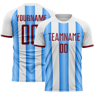 Custom White Crimson-Powder Blue Gradient Vertical Stripe Argentina Style Sublimation Soccer Uniform Jersey