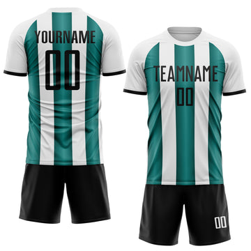 Custom White Black-Midnight Green Gradient Vertical Stripe Argentina Style Sublimation Soccer Uniform Jersey