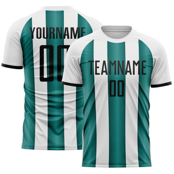 Custom White Black-Midnight Green Gradient Vertical Stripe Argentina Style Sublimation Soccer Uniform Jersey
