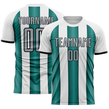 Custom White Gray Midnight Green-Black Gradient Vertical Stripe Argentina Style Sublimation Soccer Uniform Jersey