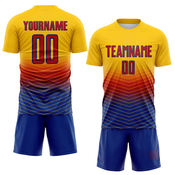 Custom Yellow Red-Royal Gradient Chevron Lines Colombia Sublimation Soccer Uniform Jersey