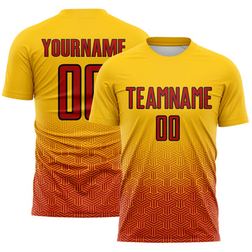 Custom Yellow Red-Black Gradient Geometric Cube Mesh Colombia Sublimation Soccer Uniform Jersey