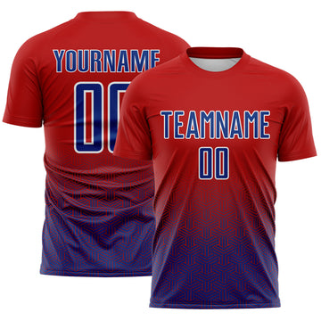 Custom Red Royal-White Gradient Geometric Cube Mesh Colombia Sublimation Soccer Uniform Jersey