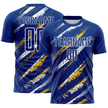 Custom Royal Yellow-White Paint Brush Stroke Colombia Sublimation Soccer Uniform Jersey