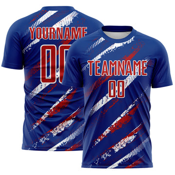 Custom Royal Red-White Paint Brush Stroke Colombia Sublimation Soccer Uniform Jersey