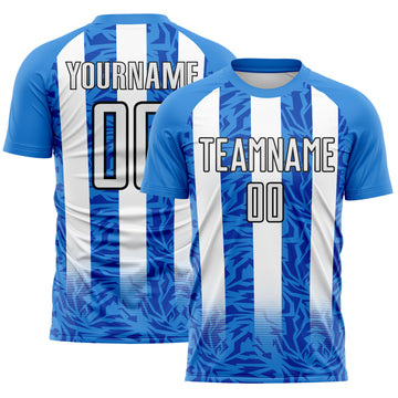Custom Powder Blue White-Black Stripe Abstract Geometric Colombia Sublimation Soccer Uniform Jersey