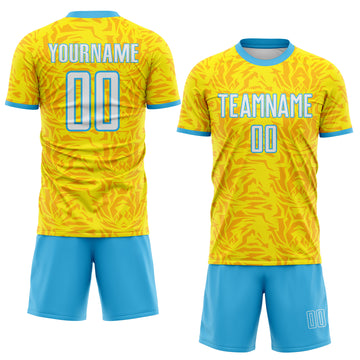 Custom Light Yellow White-Sky Blue Abstract Geometric Colombia Sublimation Soccer Uniform Jersey