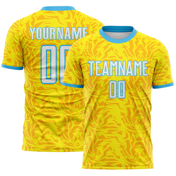 Custom Light Yellow White-Sky Blue Abstract Geometric Colombia Sublimation Soccer Uniform Jersey