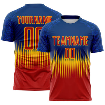 Custom US Navy Blue Red-Gold Sharp Spike Lines Colombia Sublimation Soccer Uniform Jersey