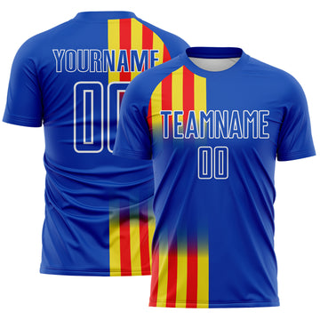 Custom Royal Light Yellow Fire Red-White Vertical Stripe Colombia Sublimation Soccer Uniform Jersey