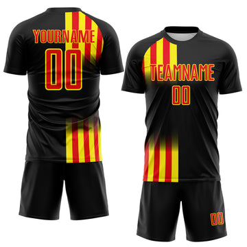Custom Black Fire Red-Light Yellow Vertical Stripe Colombia Sublimation Soccer Uniform Jersey