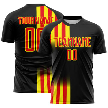 Custom Black Fire Red-Light Yellow Vertical Stripe Colombia Sublimation Soccer Uniform Jersey