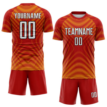 Custom Red White Gold-Black Curved Line Wave Colombia Sublimation Soccer Uniform Jersey