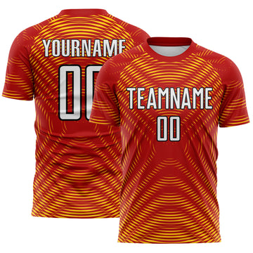 Custom Red White Gold-Black Curved Line Wave Colombia Sublimation Soccer Uniform Jersey