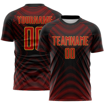 Custom Black Red-Old Gold Curved Line Wave Colombia Sublimation Soccer Uniform Jersey