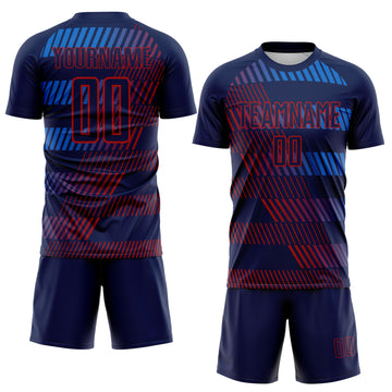 Custom Navy Blue-Red Geometric Speed Stripe Colombia Sublimation Soccer Uniform Jersey