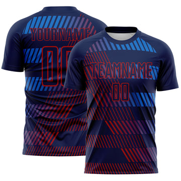 Custom Navy Blue-Red Geometric Speed Stripe Colombia Sublimation Soccer Uniform Jersey