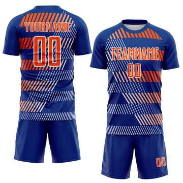 Custom Royal Orange-White Geometric Speed Stripe Colombia Sublimation Soccer Uniform Jersey