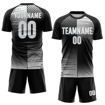 Custom Black White-Gray Split Geometric Grid Sublimation Soccer Uniform Jersey