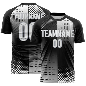 Custom Black White-Gray Split Geometric Grid Sublimation Soccer Uniform Jersey