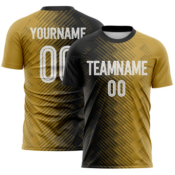 Custom Black White-Old Gold Diagonal Geometric Line Sublimation Soccer Uniform Jersey