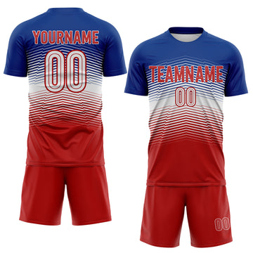 Custom Royal White-Red Gradient V Stripe England Style Sublimation Soccer Uniform Jersey