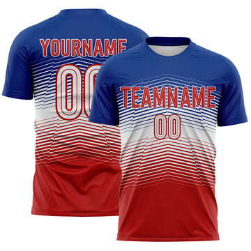 Custom Royal White-Red Gradient V Stripe England Style Sublimation Soccer Uniform Jersey