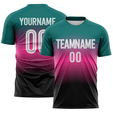 Custom Teal White Pink-Black Gradient V Stripe Sublimation Soccer Uniform Jersey