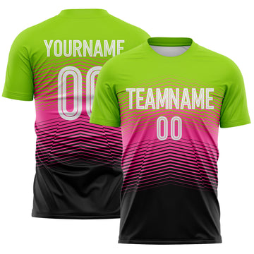 Custom Neon Green White Pink-Black Gradient V Stripe Sublimation Soccer Uniform Jersey